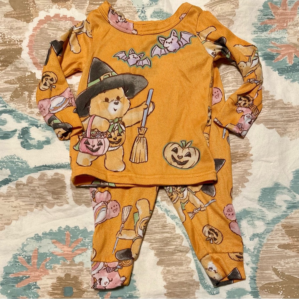 12 mo Care Bears Orange & Pink Halloween Matching Pajama Set Soft Cozycore euc